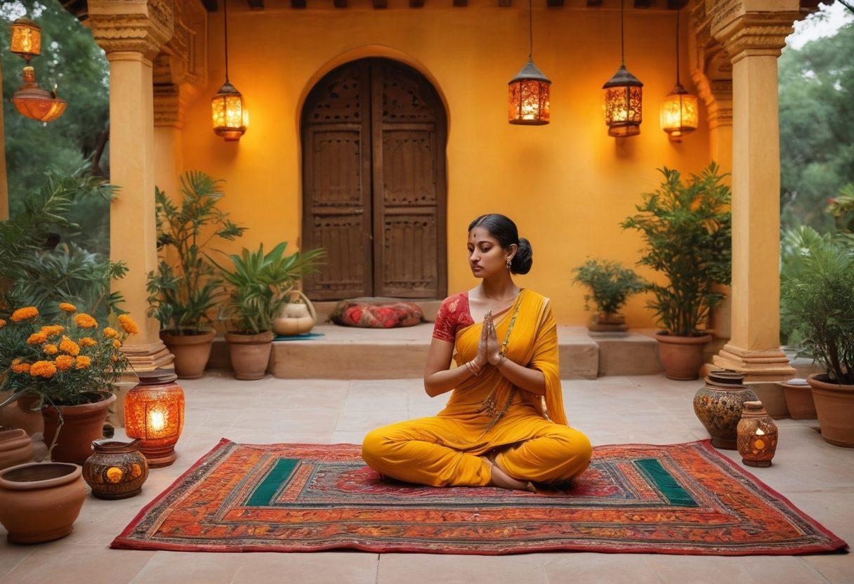 A serene Indian courtyard adorned with vibrant marigold flowers, intricate rajasthani patterns, and soft glowing lanterns, reflecting a peaceful evening atmosphere. In the center, a woman in a colorful saree is practicing yoga, surrounded by traditional Indian artifacts, such as a sitar and clay pots. The backdrop features lush green trees and warm twilight colors, symbolizing harmony and happiness. super-realistic. vibrant colors. peaceful atmosphere.