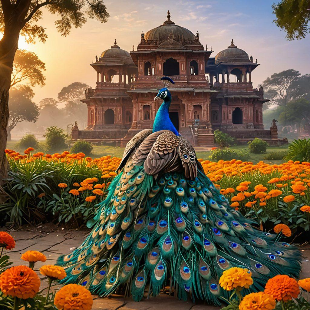 A serene scene showcasing a traditional Indian landscape during sunrise, featuring vibrant marigold flowers, ancient temples, and a joyful family engaging in a cultural celebration. Include elements like colorful handcrafted textiles and a peacock in the background to symbolize beauty and happiness. The scene should evoke a sense of peace and connection to heritage. vibrant colors. super-realistic.