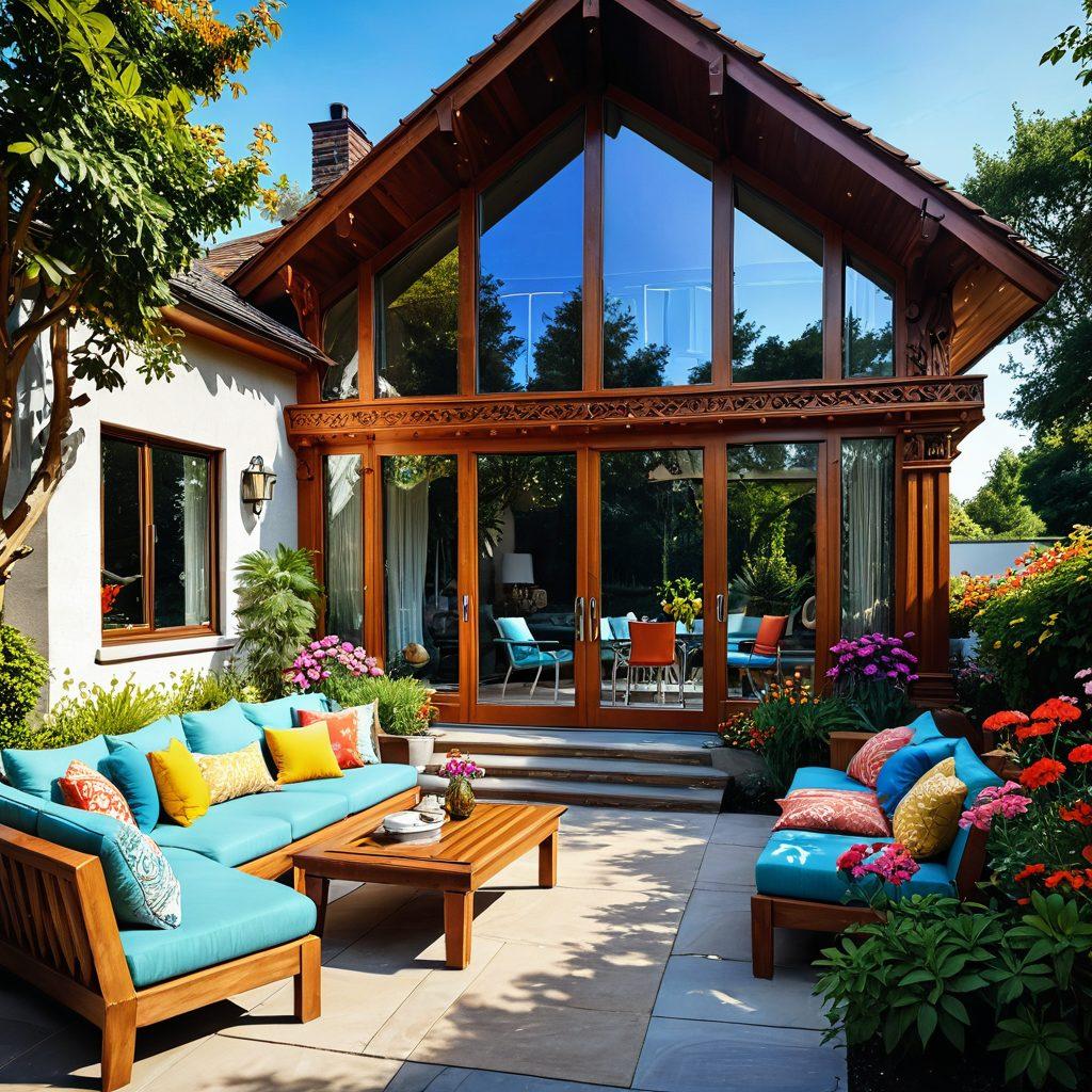A harmonious blend of traditional elements like an elegant, vintage home with intricate wooden carvings, seamlessly integrated with modern touches such as sleek glass windows and contemporary landscaping. Soft sunlight casting a warm glow on a cozy patio set adorned with colorful cushions. A lush garden filled with vibrant flowers, symbolizing nature's charm. super-realistic. vibrant colors. peaceful ambiance.